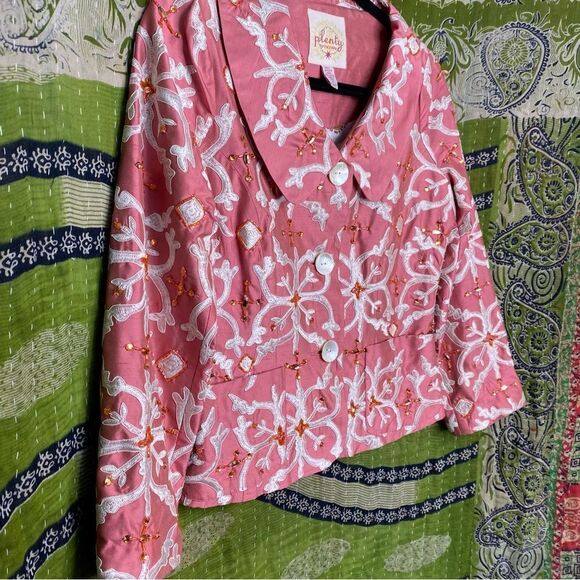 NWOT Y2K Plenty by Tracy Reese x Anthropologie Pink Silk Beaded Blazer Size 4 - Picture 2 of 15